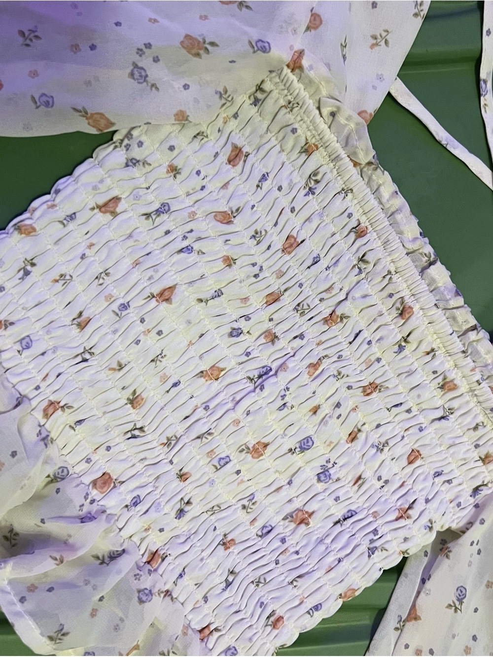 Smocked White Floral Bandeau Top with Pink & Purple Buds